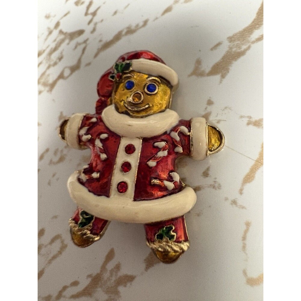 Vintage Christopher Radko Gingerbread Man Brooch Red Enamel Rhinestone Christmas